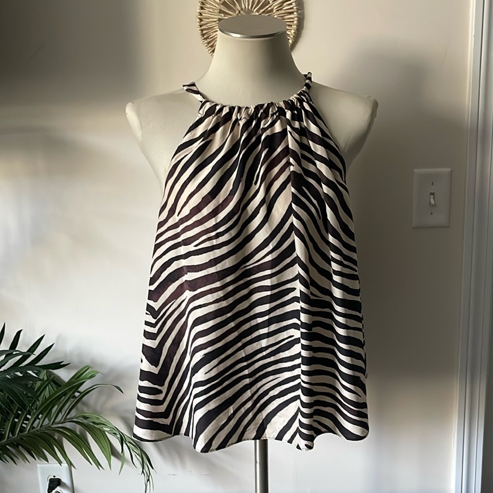 Banana Republic brown & cream zebra print 100% silk back tie flare top